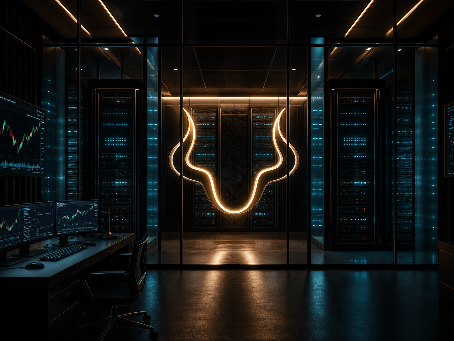 OpenBull+ trading infrastructure with VPS servers and market monitoring screens